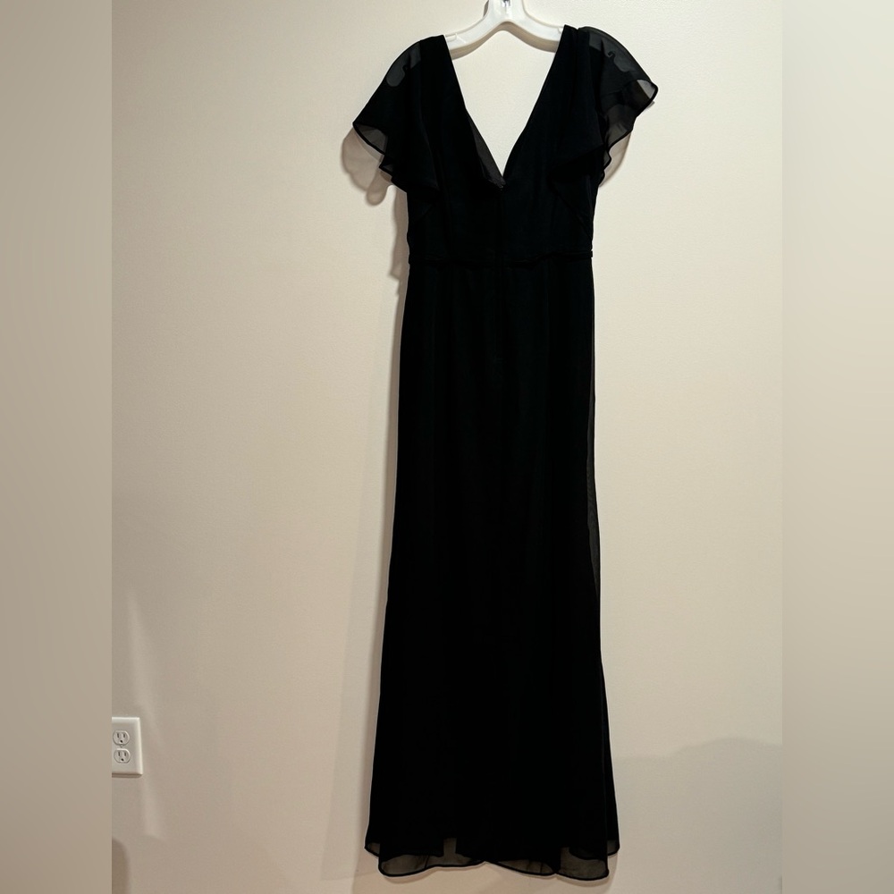 David’s Bridal flutter sleeve dress with cascade Black 8 by DB Studio